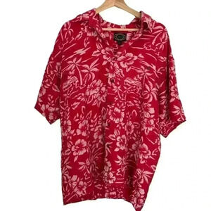 HAWAIIAN Silk Company red floral button top